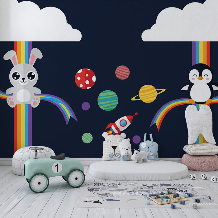 Behang kinderkamer | Kleurrijke konijnen en pinguïns in de ruimte