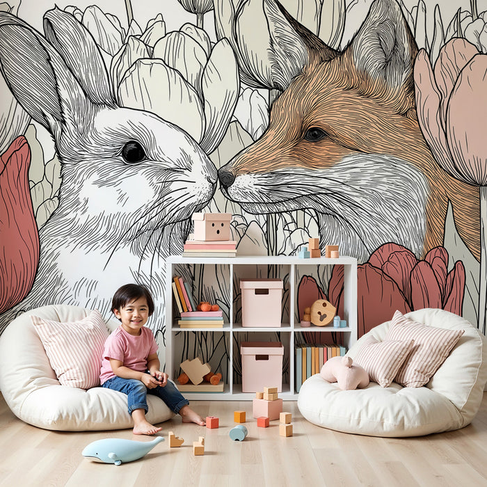 Kids room wallpaper | Rabbit and fox in the middle of colorful tulips