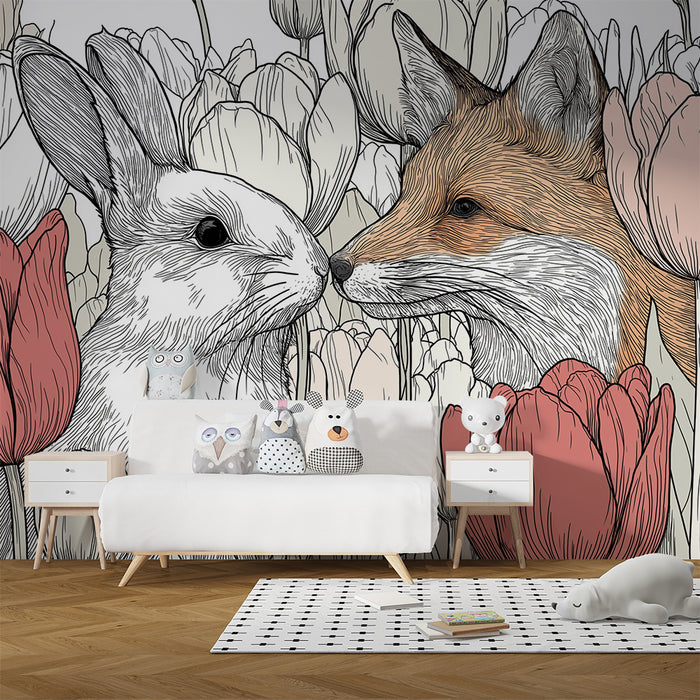 Kids room wallpaper | Rabbit and fox in the middle of colorful tulips
