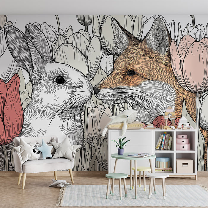 Kids room wallpaper | Rabbit and fox in the middle of colorful tulips