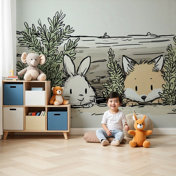 Papel de parede criança | Coelho e raposa escondidos na floresta