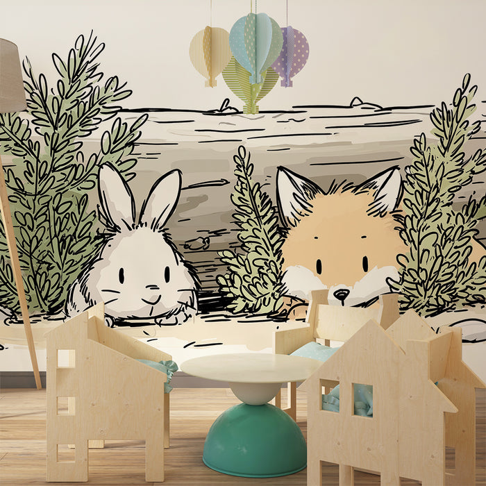 Papel de parede criança | Coelho e raposa escondidos na floresta