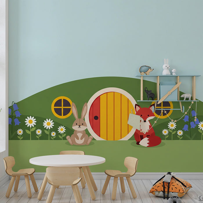 Papel pintado infantil | Conejo y zorro ante una puerta de colores en un paisaje campestre