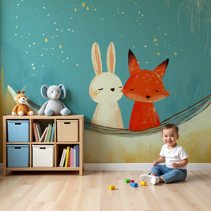 Papel de parede criança | Coelho e raposa sob as estrelas