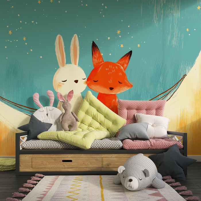Papel de parede criança | Coelho e raposa sob as estrelas