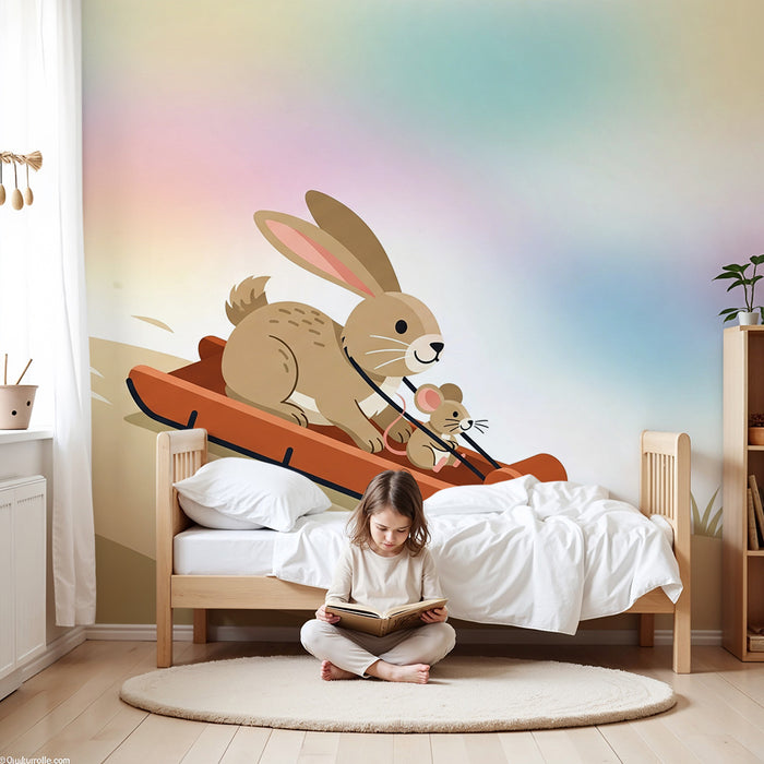 Tapety dla dzieci | Królik i mysz na sankach