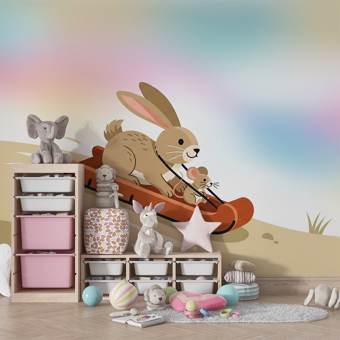 Tapety dla dzieci | Królik i mysz na sankach