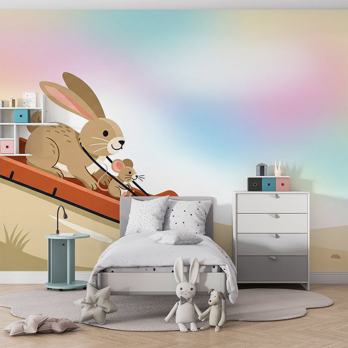 Tapety dla dzieci | Królik i mysz na sankach