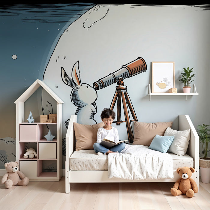 Papier peint chambre enfant | Lapin explorateur sous les étoiles