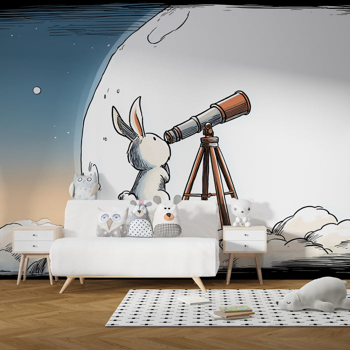 Papier peint chambre enfant | Lapin explorateur sous les étoiles