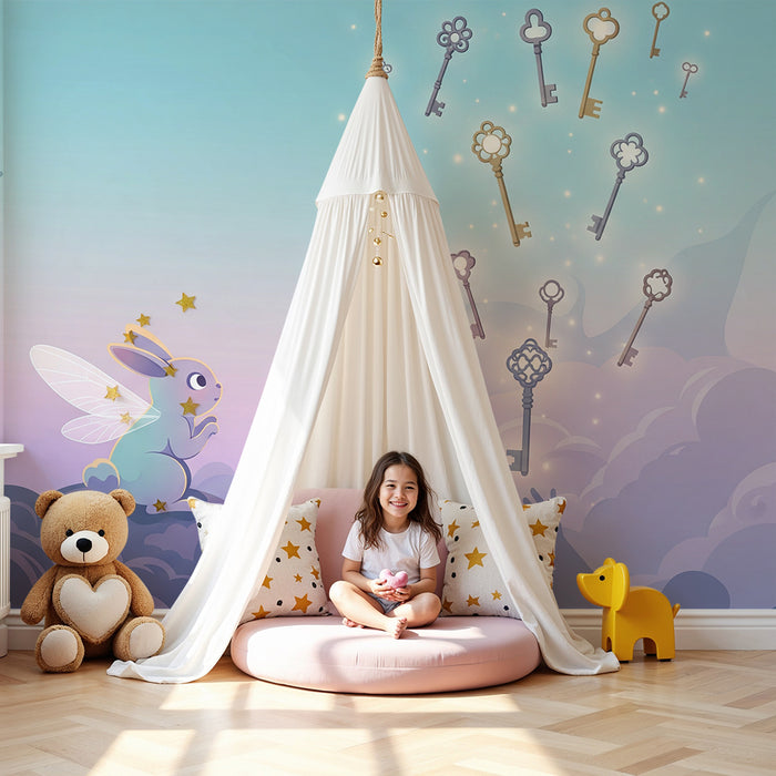 Papier peint chambre enfant | Lapin féerique et clés magiques dans un ciel pastel