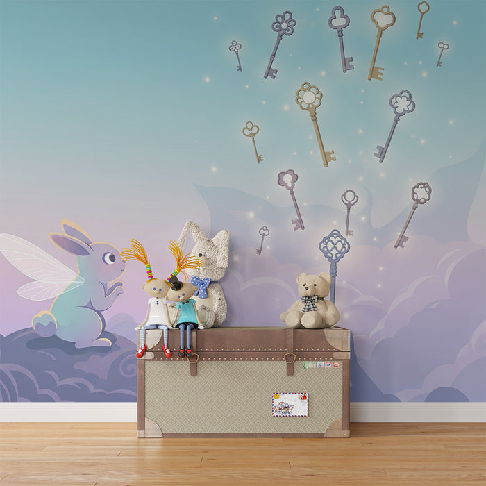 Papier peint chambre enfant | Lapin féerique et clés magiques dans un ciel pastel