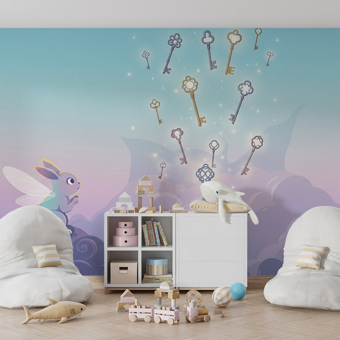 Papier peint chambre enfant | Lapin féerique et clés magiques dans un ciel pastel