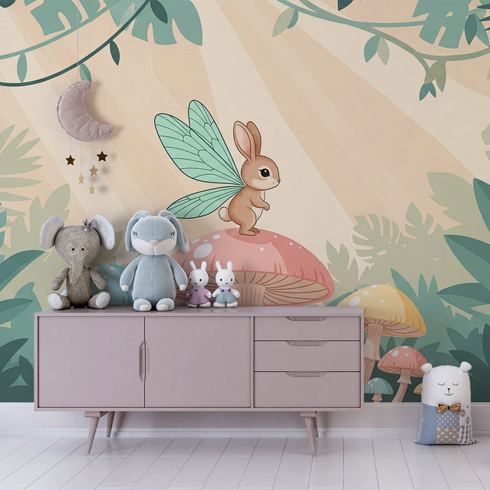 Papel de parede criança | Coelho mágico em cogumelos coloridos numa selva encantada