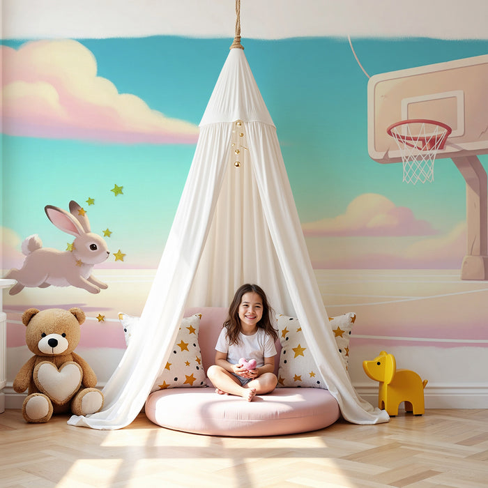 Kinderzimmer Tapete | Basketball spielender Hase in einem Pastellhimmel
