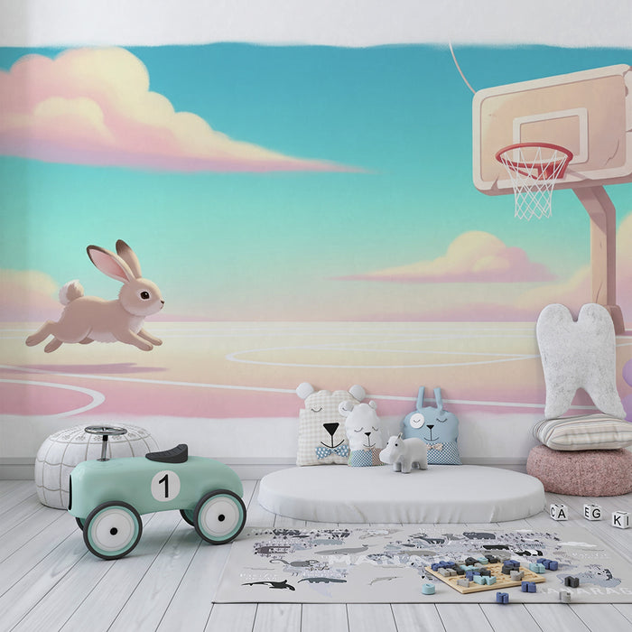Kinderzimmer Tapete | Basketball spielender Hase in einem Pastellhimmel