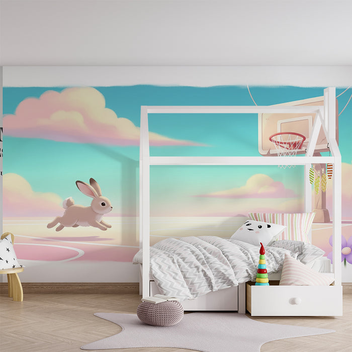 Kinderzimmer Tapete | Basketball spielender Hase in einem Pastellhimmel