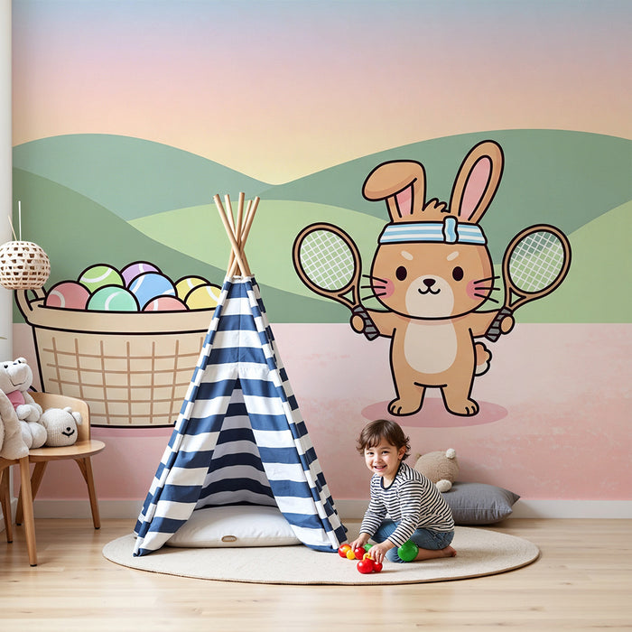 Børneværelse tapet | Tennisspillende kanin og farvede æg
