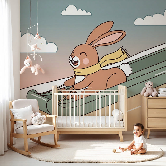 Kinderkamer behang | Vrolijke konijn glijdt naar beneden