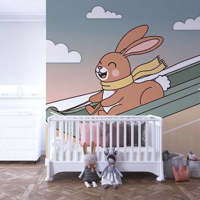 Kinderkamer behang | Vrolijke konijn glijdt naar beneden