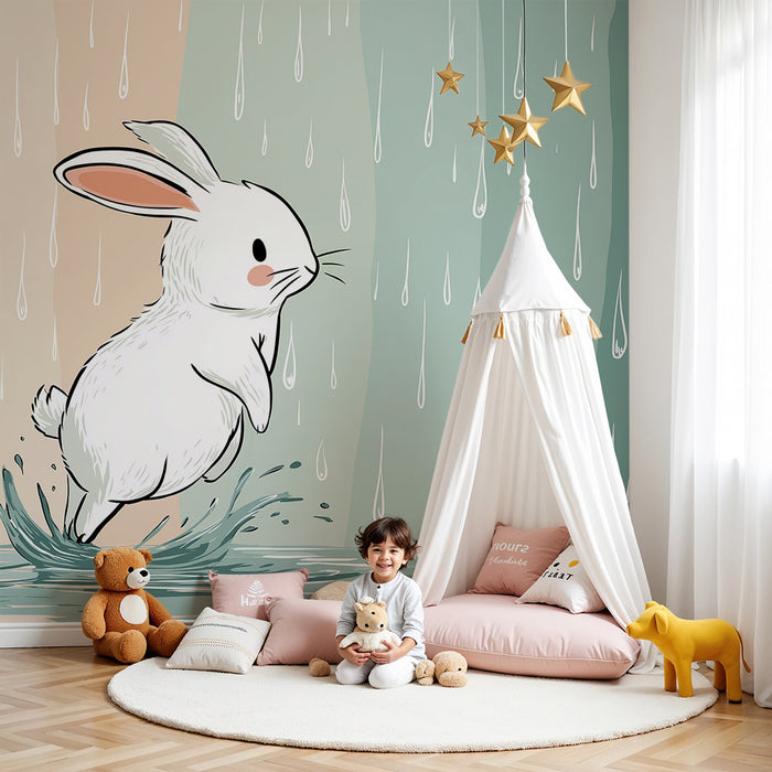 Papier peint chambre enfant | Lapin joyeux sautant dans les flaques sous la pluie