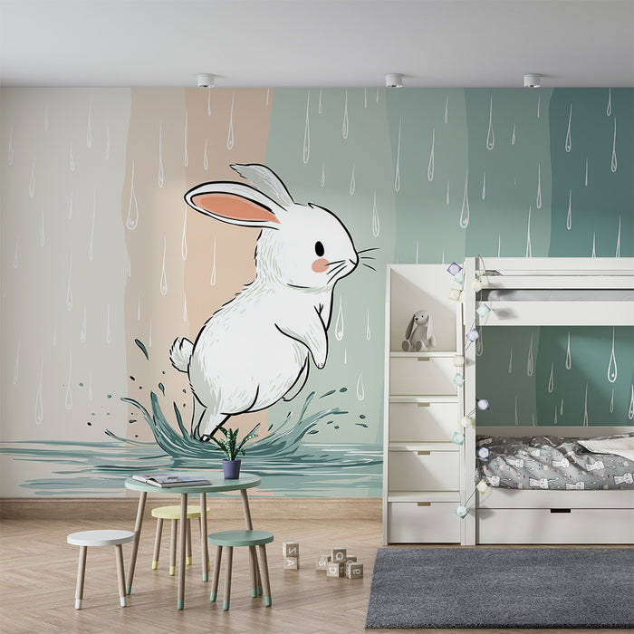 Papier peint chambre enfant | Lapin joyeux sautant dans les flaques sous la pluie
