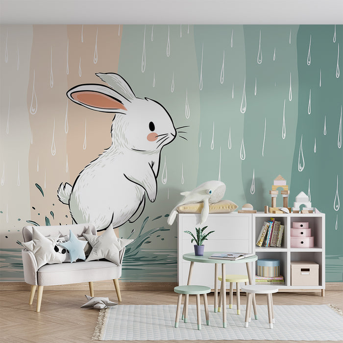Papier peint chambre enfant | Lapin joyeux sautant dans les flaques sous la pluie