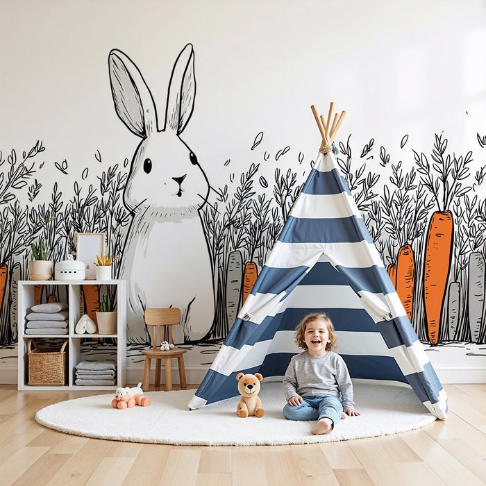 Kinderzimmer Tapete | Niedliches Kaninchen inmitten bunter Karotten