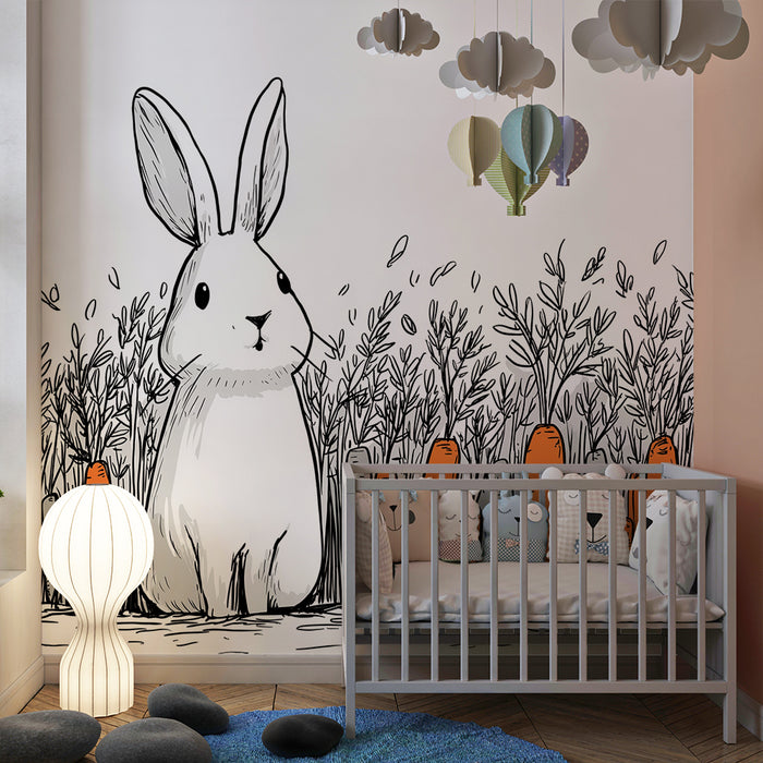 Kinderzimmer Tapete | Niedliches Kaninchen inmitten bunter Karotten