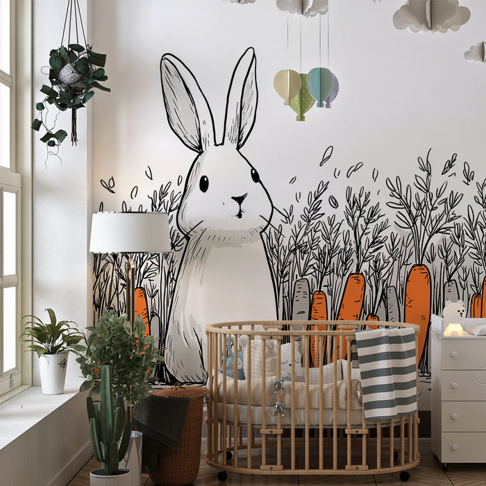 Kinderzimmer Tapete | Niedliches Kaninchen inmitten bunter Karotten