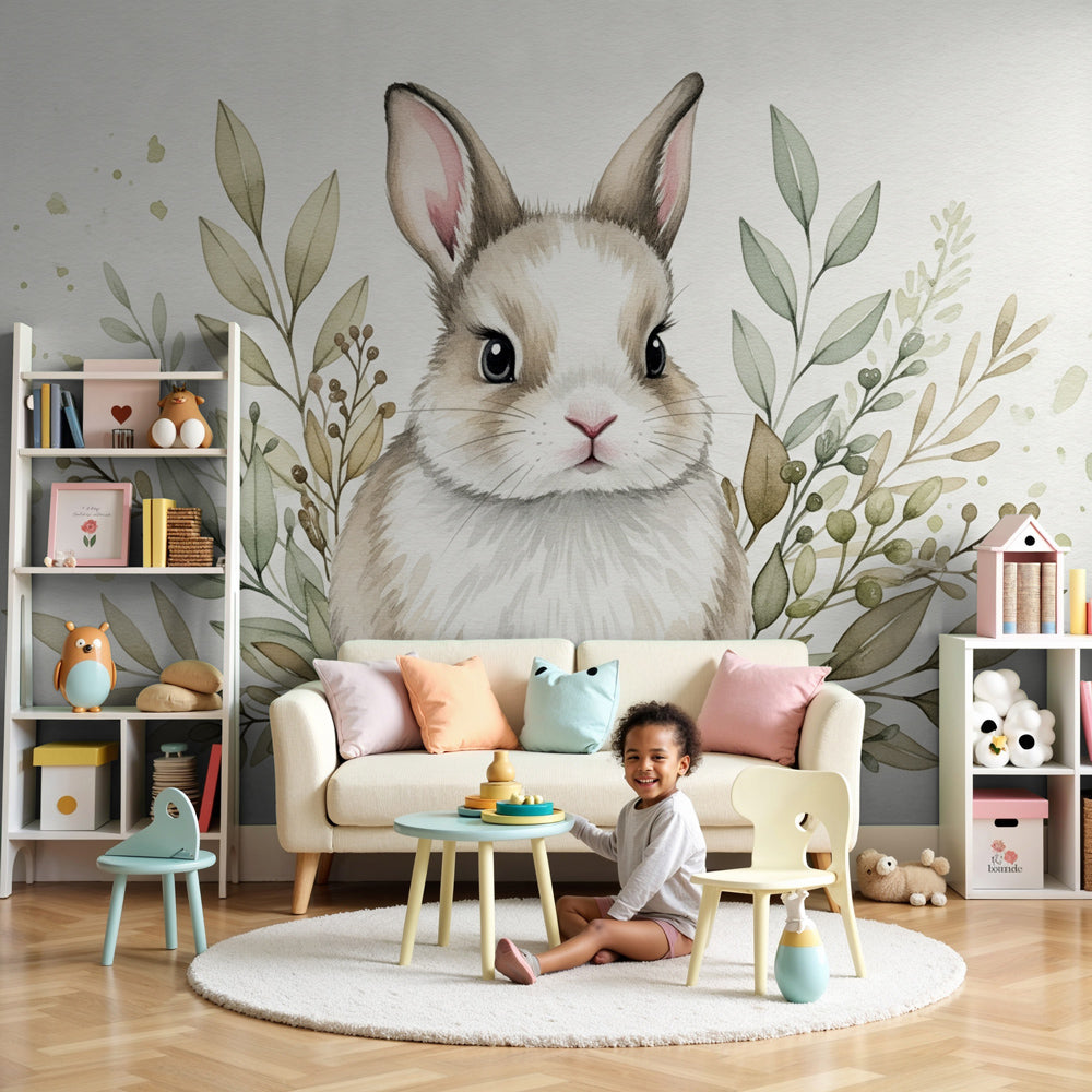 Papier peint chambre enfant | Lapin mignon et feuillage délicat, image size:1000x1000