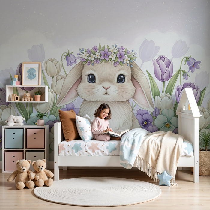 Kinderzimmer Tapete | Niedliches Kaninchen zwischen bunten Blumen