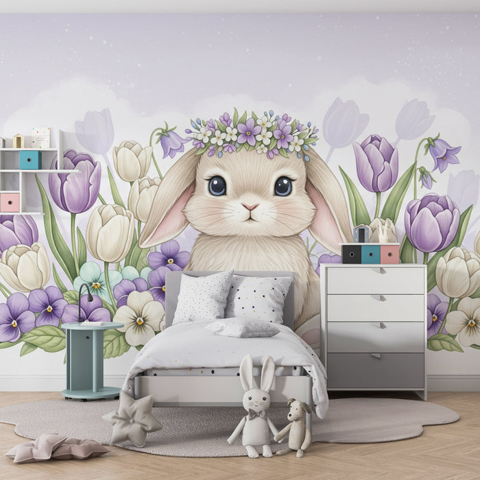 Kinderzimmer Tapete | Niedliches Kaninchen zwischen bunten Blumen