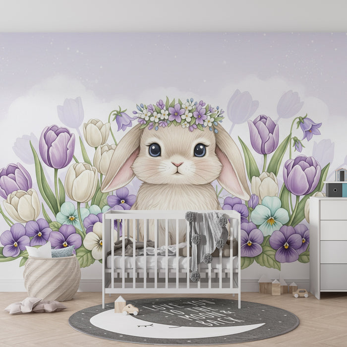 Kinderzimmer Tapete | Niedliches Kaninchen zwischen bunten Blumen