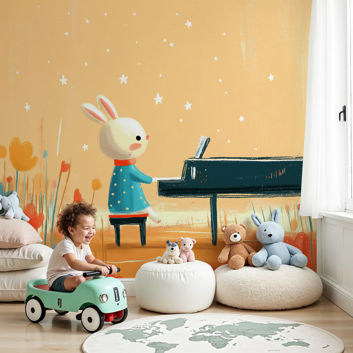 Papier peint chambre enfant | Lapin musicien au piano dans un champ fleuri