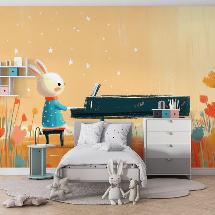 Papier peint chambre enfant | Lapin musicien au piano dans un champ fleuri
