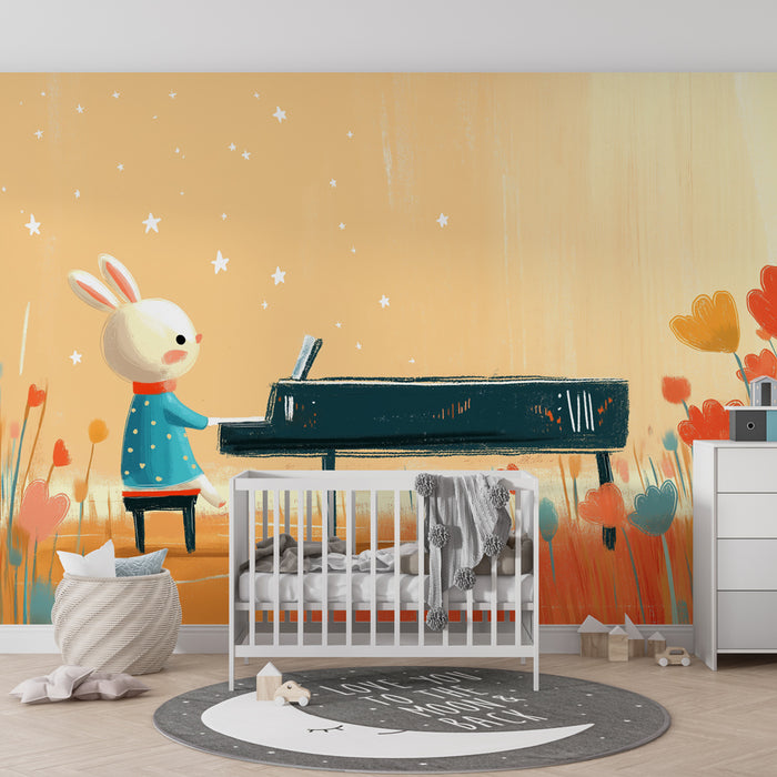 Papier peint chambre enfant | Lapin musicien au piano dans un champ fleuri