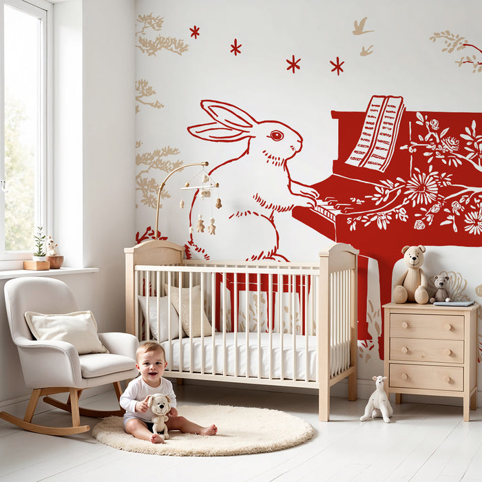 Kinderkamer behang | Muzikale konijn aan de piano omringd door bloemen en bomen