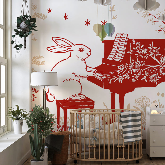 Kinderkamer behang | Muzikale konijn aan de piano omringd door bloemen en bomen