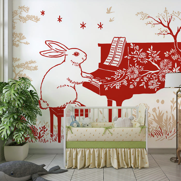 Kinderkamer behang | Muzikale konijn aan de piano omringd door bloemen en bomen