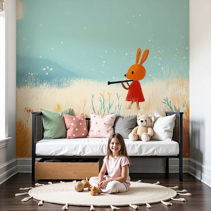 Kinderkamer behang | Muzikale konijn in een gouden veld