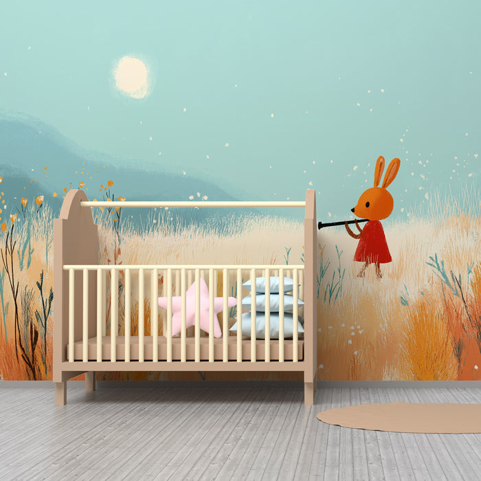 Kinderkamer behang | Muzikale konijn in een gouden veld