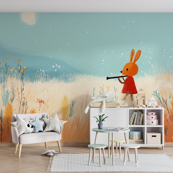 Kinderkamer behang | Muzikale konijn in een gouden veld