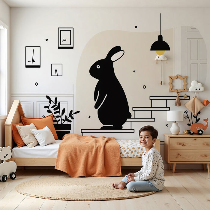 Kids room wallpaper | Curious black rabbit in a modern interior