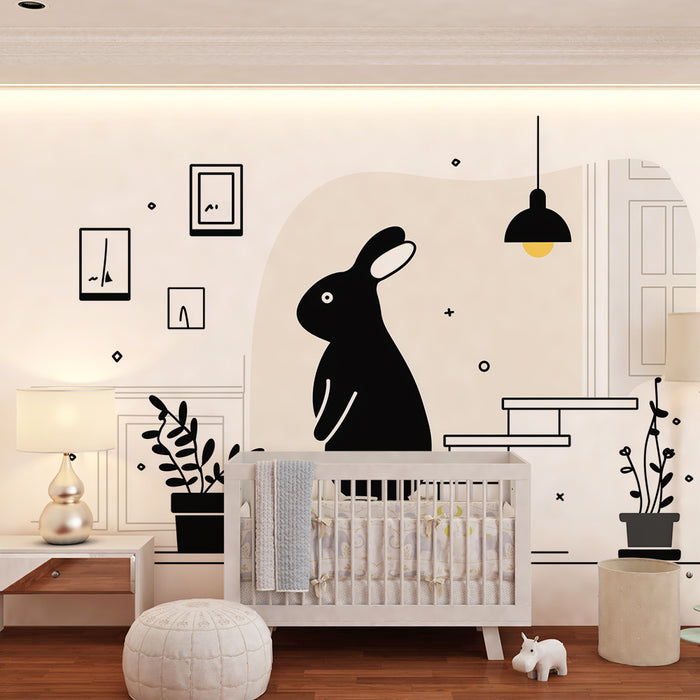 Kids room wallpaper | Curious black rabbit in a modern interior