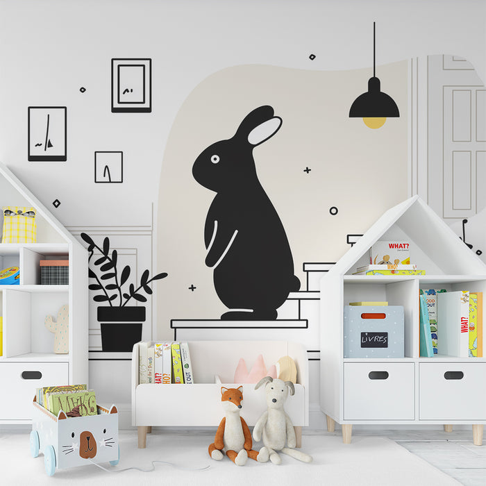 Kids room wallpaper | Curious black rabbit in a modern interior
