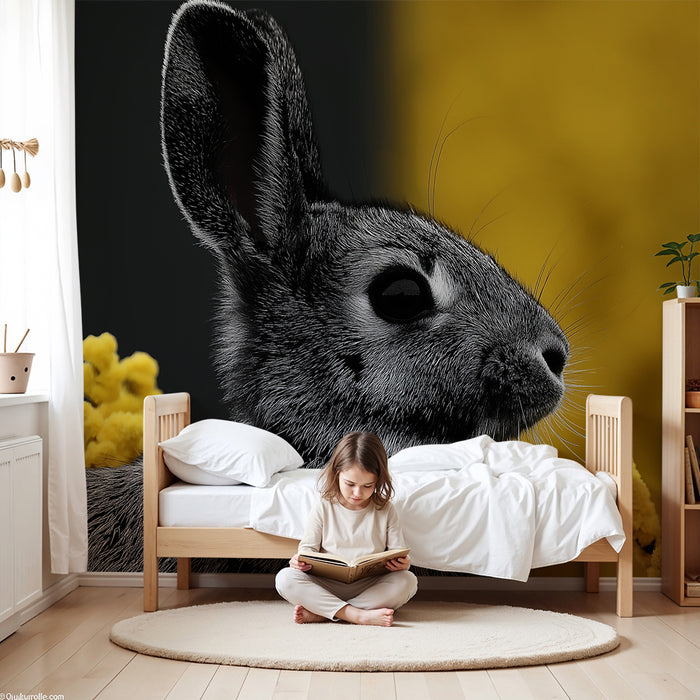 Barntapet | Svart kanin och gula blommor på kontrastfärgad bakgrund