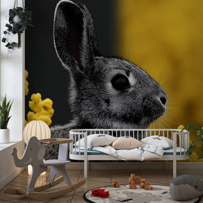Barntapet | Svart kanin och gula blommor på kontrastfärgad bakgrund