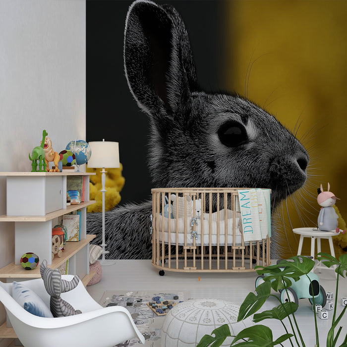 Barntapet | Svart kanin och gula blommor på kontrastfärgad bakgrund