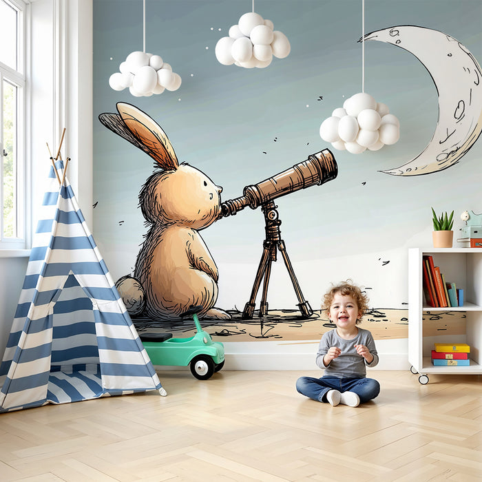Papel de parede criança | Coelho observando a lua com um telescópio